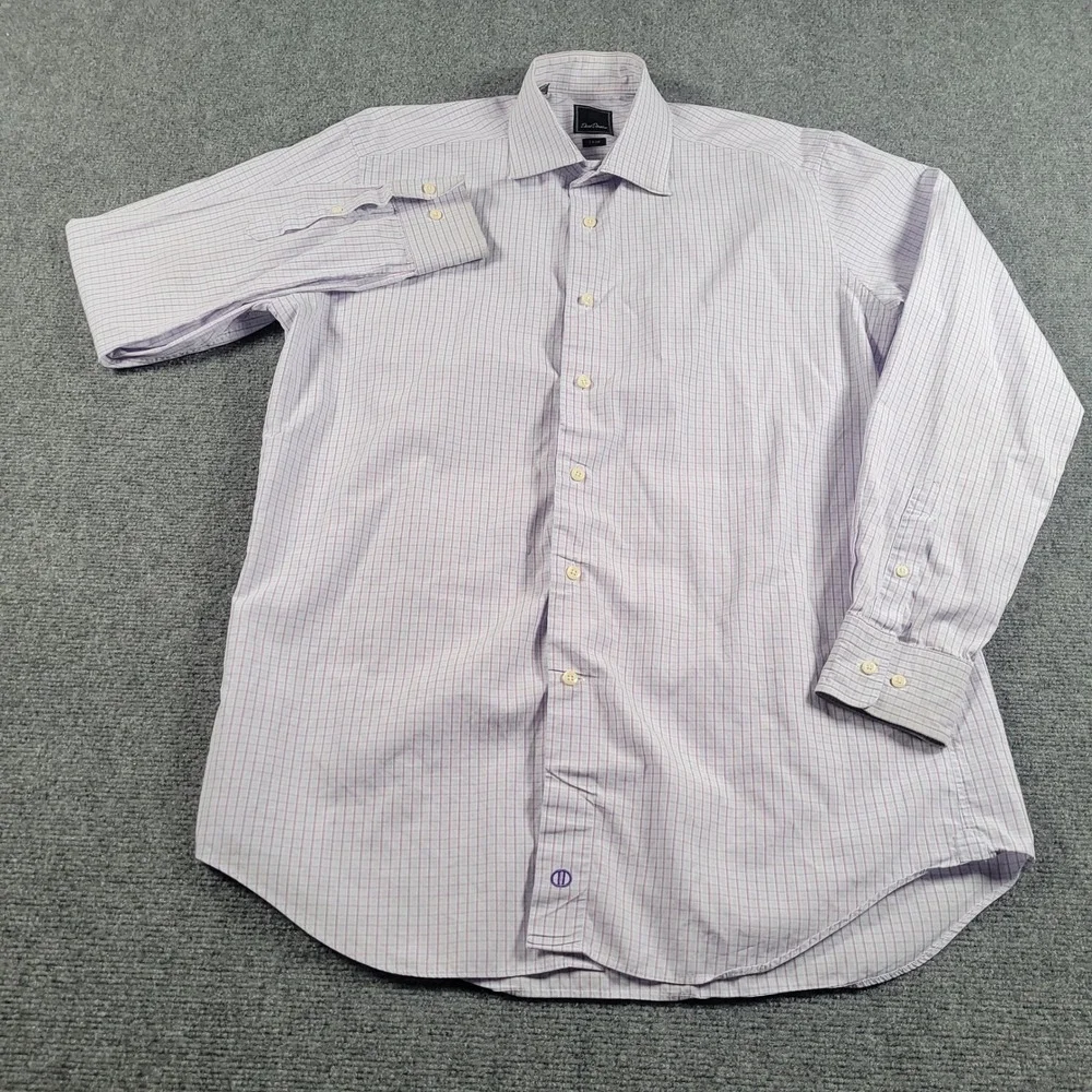 David Donahue Dress Shirt Men 17 34/35 Purple Blue Check Trim Fit Cotton